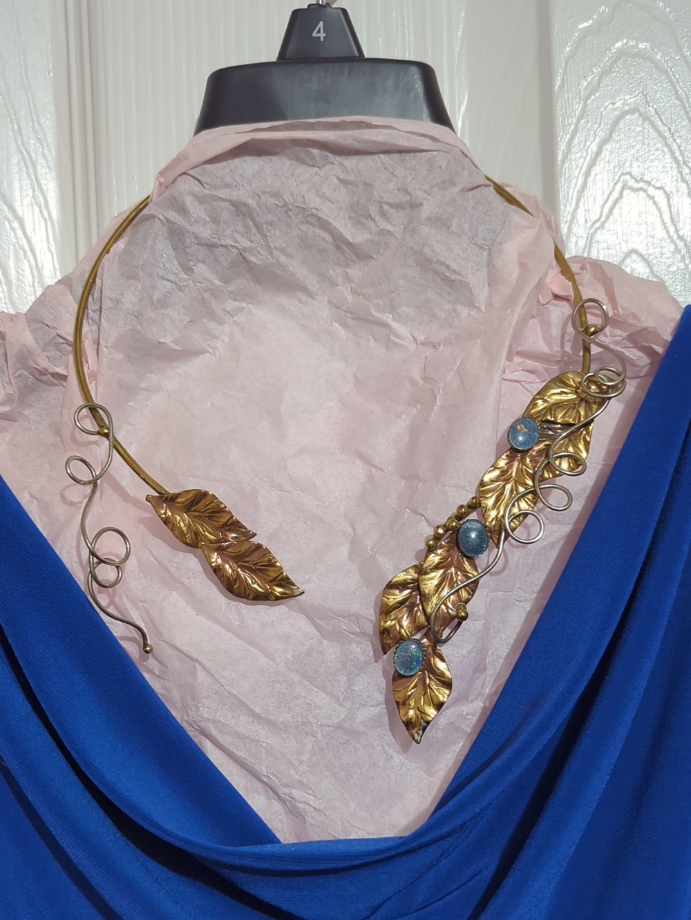 Gold Open Collar Leaf Choker Necklace with Blue Stone Accents